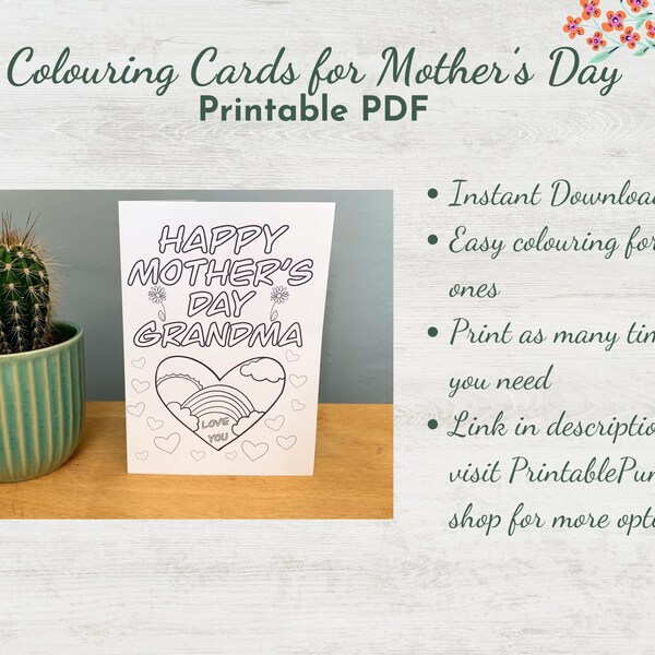 Printable Colouring in Mother's Day Card DIGITAL DOWNLOAD PDF File Happy Mother's Day Grandma