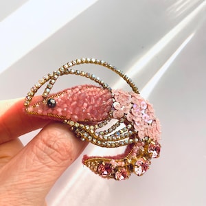 Handmade Shrimp Brooch: Beaded Prawn Pin with Crystals