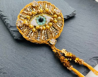 Victorian Evil Eye Brooch: Beaded Amulet Collar Pin