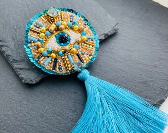 Handmade Beaded Evil Eye Brooch: Gothic Amulet Collar Pin