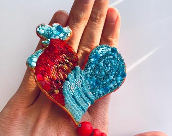 Bird HEN rooster brooch pin,Handmade Rooster Brooch: Beaded Embroidered Bird Pin, collar pin
