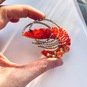 Shrimp Brooch: Beaded Prawn Pin with Crystals