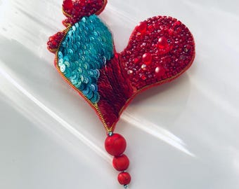 HEN Rooster Brooch, collar pin, Beaded Embroidered Bird Pin, garden lovers