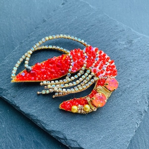 Shrimp brooch ,prawn brooch ,coastal shrimp pin, shapely jewelry, menu pin, embroidered collar pin jewelry