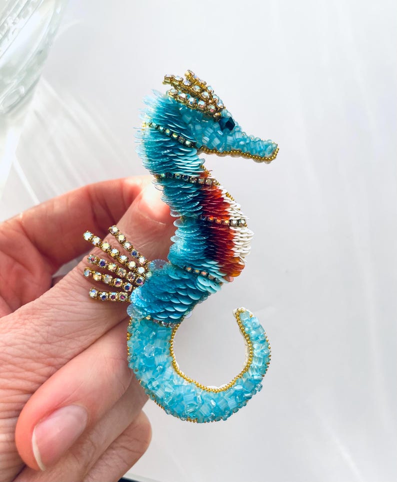 Perlen Brosche echtes Seepferdchen, Seepferdchen Brosche, Handarbeit, Feen Seepferdchen, Brosche handgemacht, Bijoux femme, Perlenbrosche, Handarbeit Bild 5