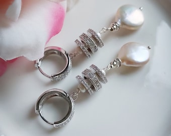 Silver Earrings with white baroque coin shape pearls Gemstone Silver 925 Wedding Jewelry Bridal Earrings White Baroque Pearls