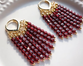 Fantastic Garnet Gold 24K Earrings, Garnet chandeliers, Garnet hoop Gemstone Earrings, Semi Precious Delicate Jewelry