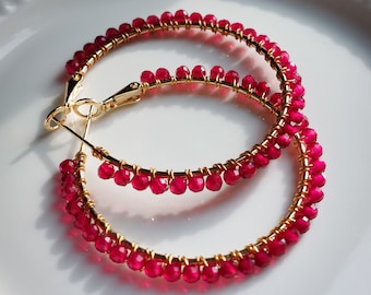 Roze Spinel Gold Hoop oorbellen, Edelsteen oorbellen voor vrouwen, Edelsteen Solid Gold Hoops, Roze Edelsteen, Verjaardagscadeaus voor haar