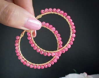 Pink Sapphire Gold Hoop earrings, Gemstone earrings for women, Gemstone Solid Gold Hoops, Genuine Sapphire Gemstone, Birthday gifts for her