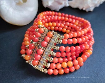 Coral Gold Bracelet, Multi strand bracelet, red gemstone, genuine red orange coral jewelry, custome jewelry, Gifts for her