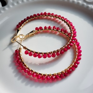 Pink Spinel Gold Hoop earrings, Gemstone earrings for women, Gemstone Solid Gold Hoops, Pink Gemstone, Birthday gifts for her
