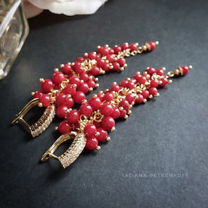 Red Coral Gold Earrings Long Coral chandelier Gold coral Gemstone Earrings Long Dangle Coral Jewelry Birthday Gift for her