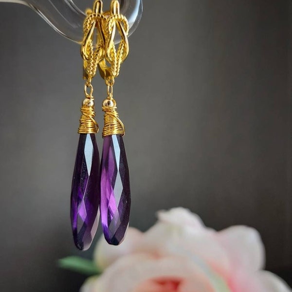 Amethyst gold 14K cluster drop earrings, Amethyst Jewelry, Semi Precious Gemstone Earrings Long Dangle Stunning Statement Earrings