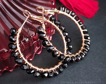 Boucles d’oreilles Black Spinel Gold Hoop, boucles d’oreilles 14K Hoop 3,5 cm, boucles d’oreilles Gemstone pour femmes, Gemstone Hoops, cadeaux d’anniversaire pour elle