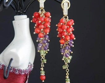 Coral Amethyst Crysolite Gold Earrings Long Coral chandelier Gold coral Gemstone Earrings Long Dangle Coral Jewelry Birthday Gift for her