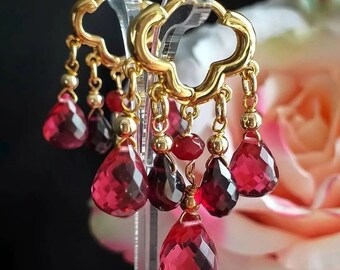 Spinel Garnet Gold 24K Earrings, Garnet chandeliers, Garnet heart hoop Gemstone Earrings, Semi Precious Delicate Jewelry