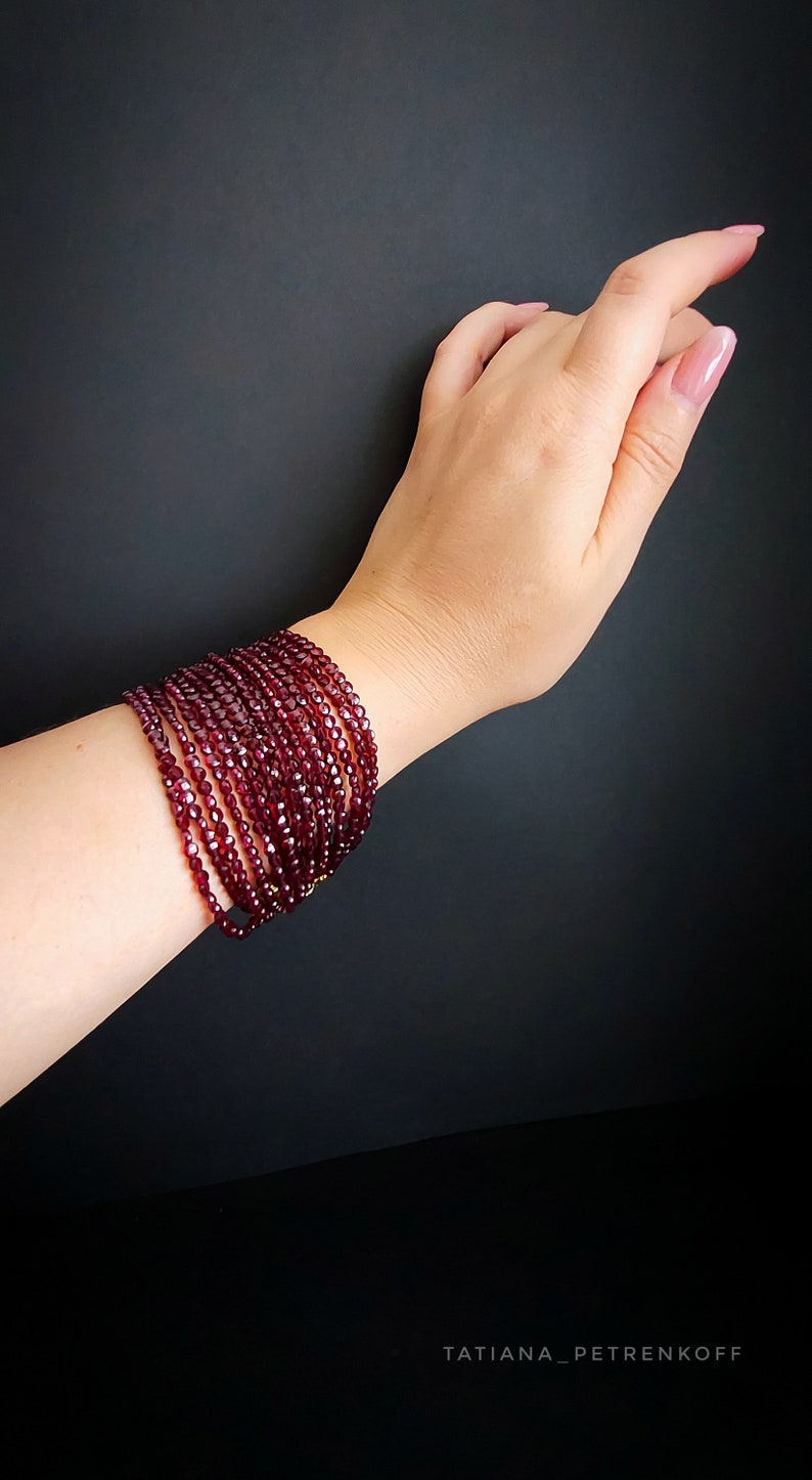 Garnet Gold Bracelet, Rhodolite Garnet Multi strand bracelet, red gemstone, genuine red garnet jewelry, custome jewelry, Gifts for her image 2
