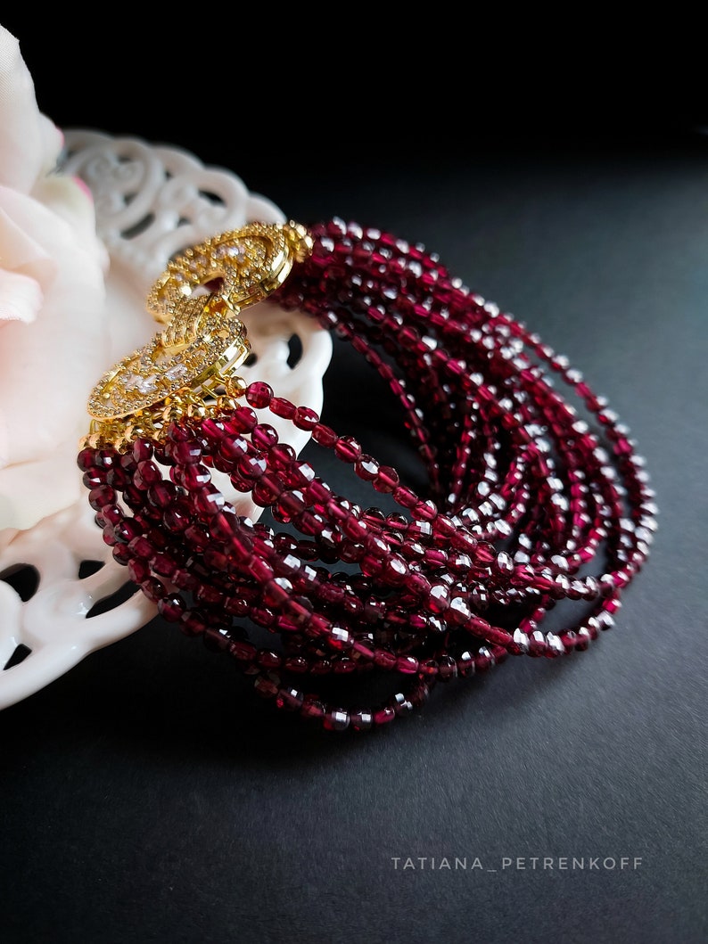 Garnet Gold Bracelet, Rhodolite Garnet Multi strand bracelet, red gemstone, genuine red garnet jewelry, custome jewelry, Gifts for her image 8