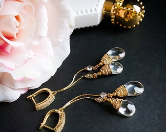 Genuine Rock Crystal Gold 24K Earrings, Clear Quartz Gemstone Earrings, Semi Precious Delicate Jewelry, Wedding jewelry