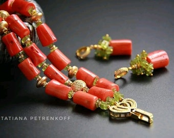 Coral & Peridot Gold Bracelet, Multi strand bracelet, red gemstone, genuine red orange coral jewelry, custome jewelry, Gifts for her