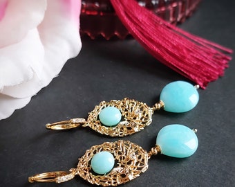 Peru Blue Opal Earrings, 24K Gold, Semi Precious Gemstone Earrings Peruvian Opal Long Dangle Earrings Rare Blue Opal Jewelry, Christmas gift