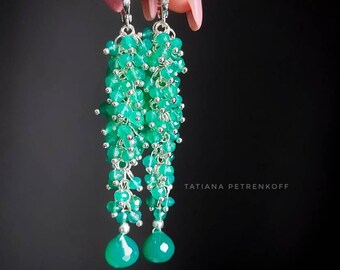 Emerald Green Onyx Silver Earrings, Long Silver 925 Cluster Gemstone Earrings, Semi Precious Delicate Jewelry, Genuine Green Gemston Jewelry
