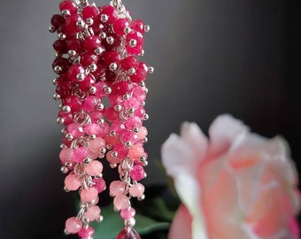 Ruby & Pink Sapphire Silver Chandeliers, Genuine Red Ruby Spinel Cluster Gemstone Earrings SemiPrecious Delicate Ruby Jewelry Birthday gift