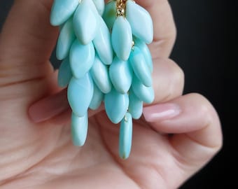 Peru Blue Opal Earrings, Semi Precious Gemstone Earrings, Long Dangle Gold Chandeliers 24K gold Rare Blue Peru Opal Jewelry Gift for her