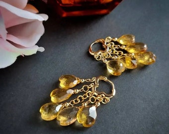 Créoles coeur en or 24 carats citrine, boucles d'oreilles pierres précieuses, boucles d'oreilles semi-précieuses, boucles d'oreilles délicates, bijoux en citrine véritable, cadeau d'anniversaire