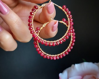 Ruby Gold Hoop Earrings, Gemstone oorbellen voor vrouwen, Gemstone Hoop oorbellen, Echte Ruby Gemstone, Verjaardagscadeaus voor haar