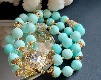 Bracelet en or opale péruvienne bleu ciel, bracelets multirangs, pierre précieuse bleu ciel, bijoux en opale du Pérou véritable, cadeaux exclusifs pour elle