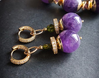 Amethyst gold drop earrings, Semi Precious Gemstone Earrings Long Dangle Stunning Statement Earrings 18K 24K