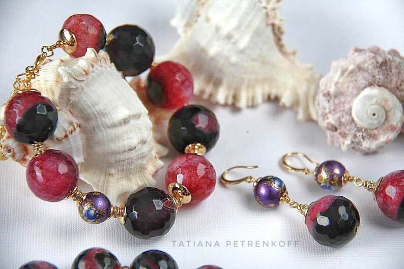 Gold filled necklace with black and lilac agate beads Gift for wife Gemstone necklaces for women Beaded choker Birthday gifts for her