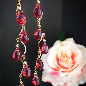 Può includere: Un paio di orecchini lunghi e pendenti con una catena d'oro e gocce di pietre preziose rosse. Gli orecchini hanno un design delicato e femminile.