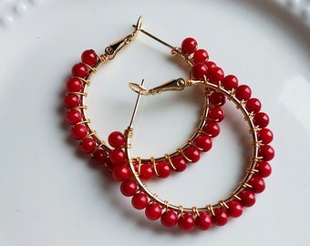 Red Coral Gold Hoop Earrings Coral Hoops, Red Jewelry, Gold coral Gemstone Earrings, Coral Jewelry Birthday Gift for her