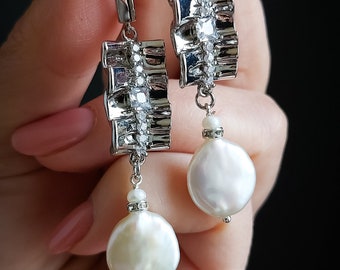 Baroque Coin Pearls Silver Earrings, Gemstone Silver 925 Wedding Jewelry, Wedding Earrings, Pearl Bridal Earrings White Baroque Pearls