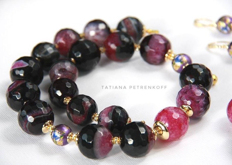 Gold filled necklace with black and lilac agate beads Gift for wife Gemstone necklaces for women Beaded choker Birthday gifts for her