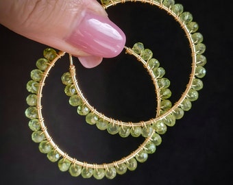 Chrysolite Gold Hoop earrings, Gemstone earrings for women, Gemstone Solid Gold Hoops, Chrysolite jewelry, Birthday gifts for her