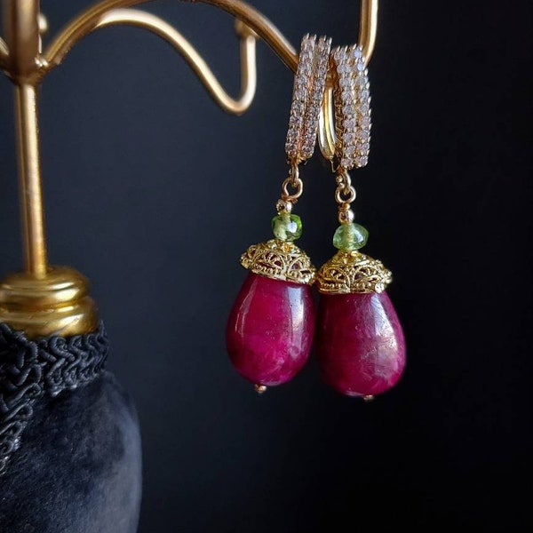 Ruby Peridot Gold Drop Earrings, Gemstone Earrings, SemiPrecious Earrings, Genuine Ruby Delicate Earrings Jewelry Birthday gift