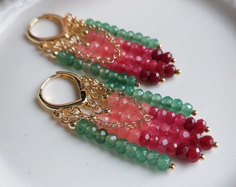 Boucles d'oreilles émeraude, saphir et rubis, or 24 carats, lustres précieux de qualité AAA, boucles d'oreilles en pierres précieuses, bijoux semi-précieux