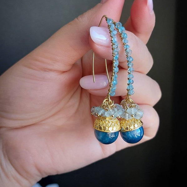 Stylish Gold Filled Kyanite Sky Blue Topaz Earrings, Statement Jewelry, Cluster Earrings, Birthday gifts