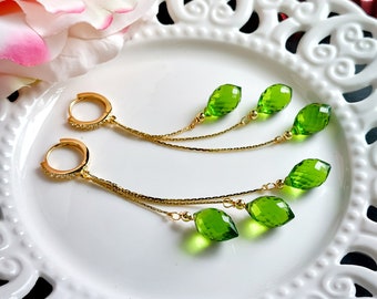 Peridot Quartz 16K gouden oorbellen, groene lange drop oorbellen, edelsteen sieraden, sierlijke oorbellen, cadeaus voor haar