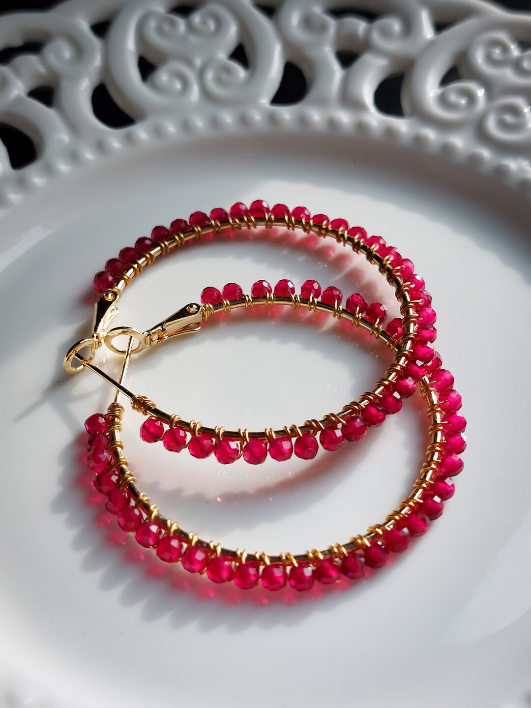 Pink Spinel Gold Hoop Earrings, Gemstone Earrings for Women, Gemstone ...