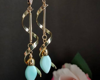 Peru Blue Opal Silver Earrings, 24K Gold, Semi Precious Gemstone Hoop Earrings Peruvian Opal Long Dangle Earrings Rare Blue Opal Jewelry