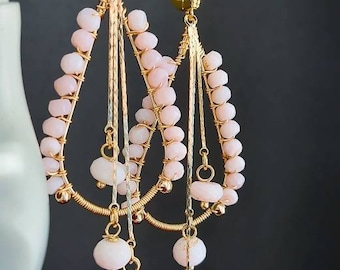 Peru Pink Opal Chandelier Earrings, Gold Earrings Semi Precious Gemstone Opal Earrings Peruvian Opal Long Dangle Earrings Rare Opal Jewelry