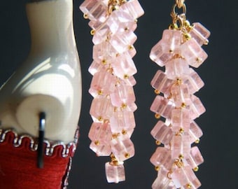 Pendientes de cuarzo Pendientes de piedras preciosas Largos Oro 24 K Candelabros de cristal Destellos rosados Colgantes Colgantes Joyas nupciales Regalos de cumpleaños para ella