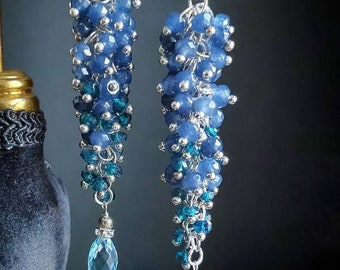 Sapphire London Topaz Silver Chandeliers, véritable saphir bleu, boucles d'oreilles en pierres précieuses semi-précieuses et délicates, bijoux en topaze, cadeau d'anniversaire