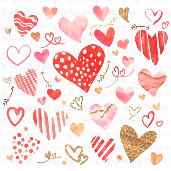 Watercolor Hearts Valentines Day Pink Hearts Gold Hearts Etsy