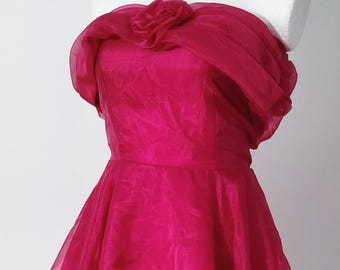 Mini-jurk fuchsia organza – vintage stijl schoolfeest- en feestjurk met 3D-roosdetail, bruiloft, L Large XL extra Large 40 42