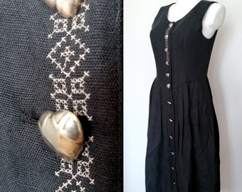 Vintage 80s long prairie dress, bawarian, bavarian black, black goth, linen, trachten,  | size L large, long dress, dirndl,